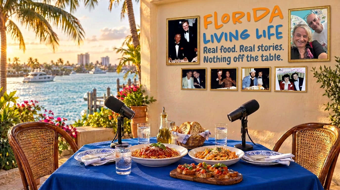 Blue tablecloth, podcast microphones and gold framed memories at the Florida Living Life table