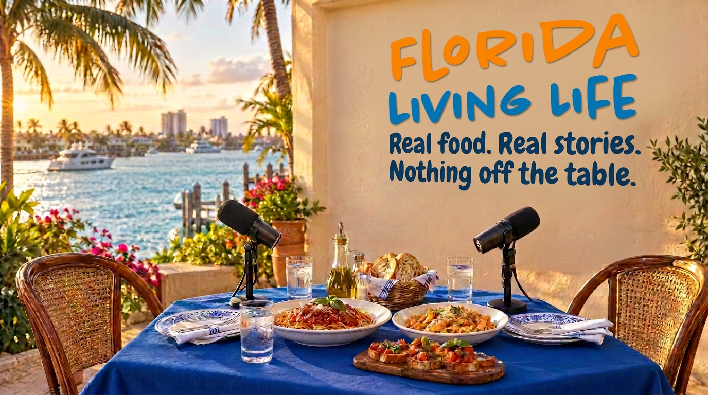 Outdoor Florida table with pasta, a blue tablecloth and podcast microphones beneath enlarged Florida Living Life wall lettering